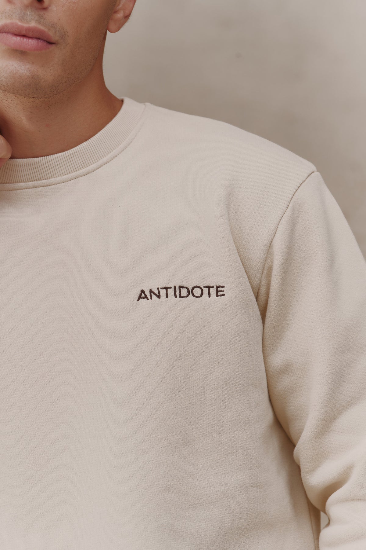 Relaxed shoulders and chest embroidery on the Revive Sweatshirt