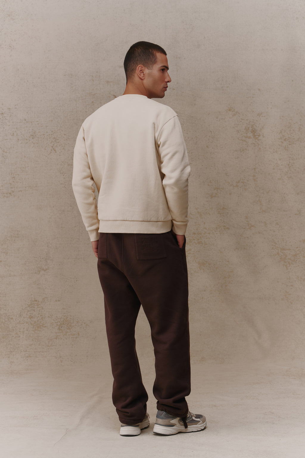 Man wearing the Antidote Revive Sweatshirt in Sand, back view