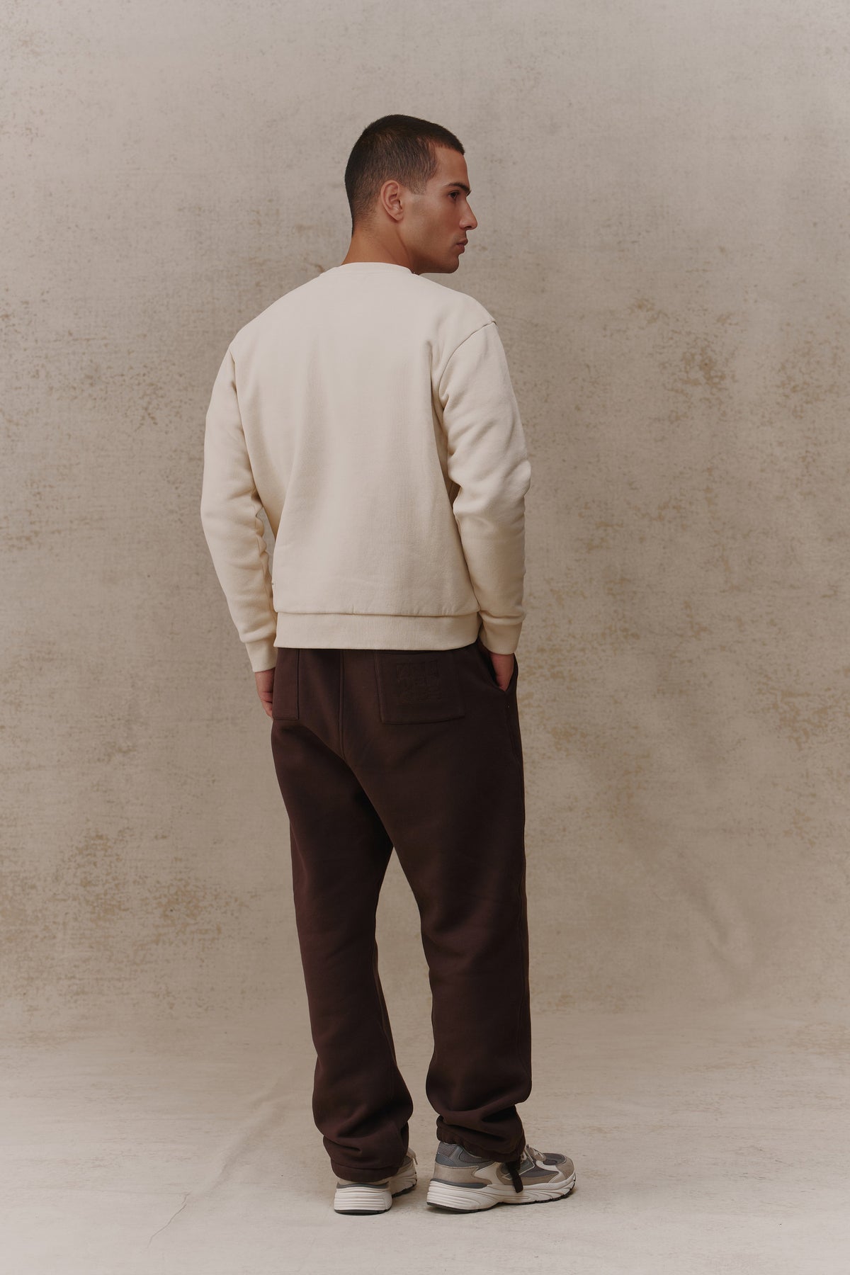 Man wearing the Antidote Revive Sweatshirt in Sand, back view