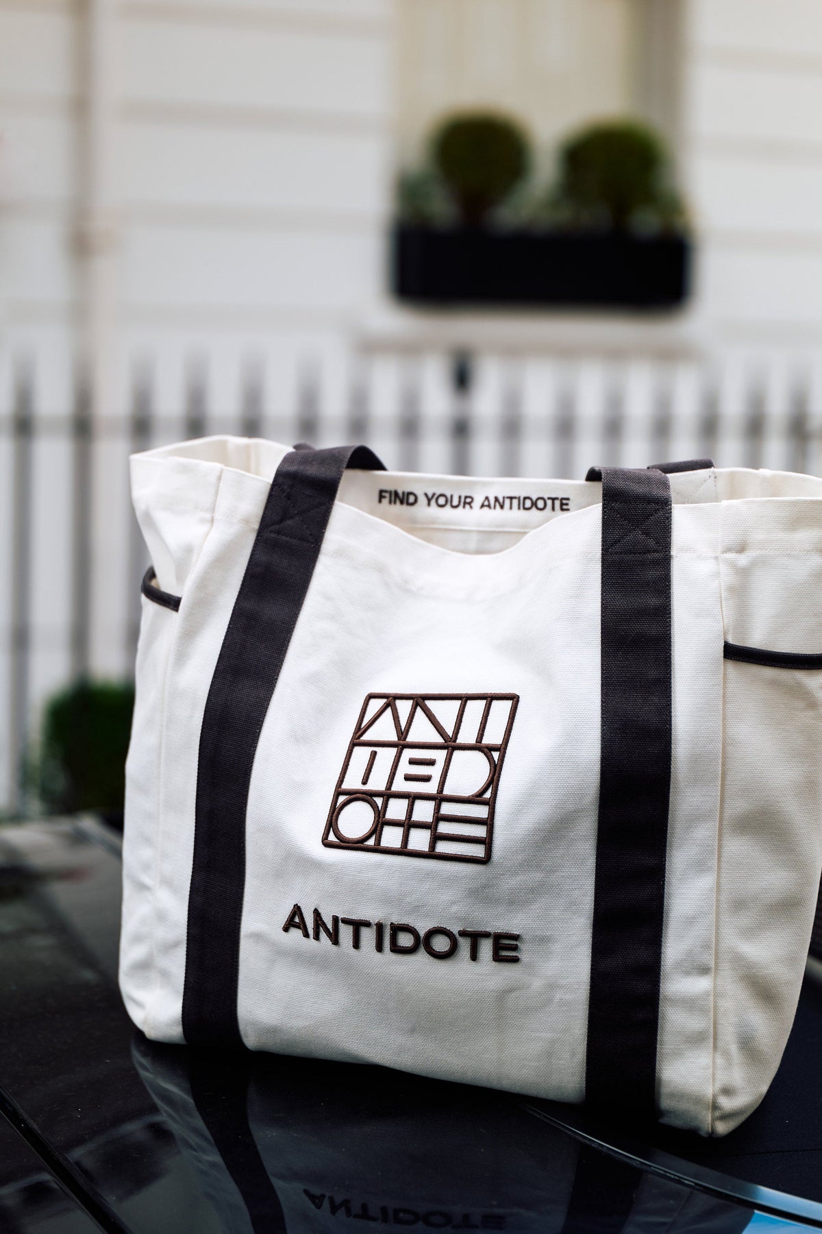 The Antidote Two Tone Tote in Ocean Blue on a car bonnet