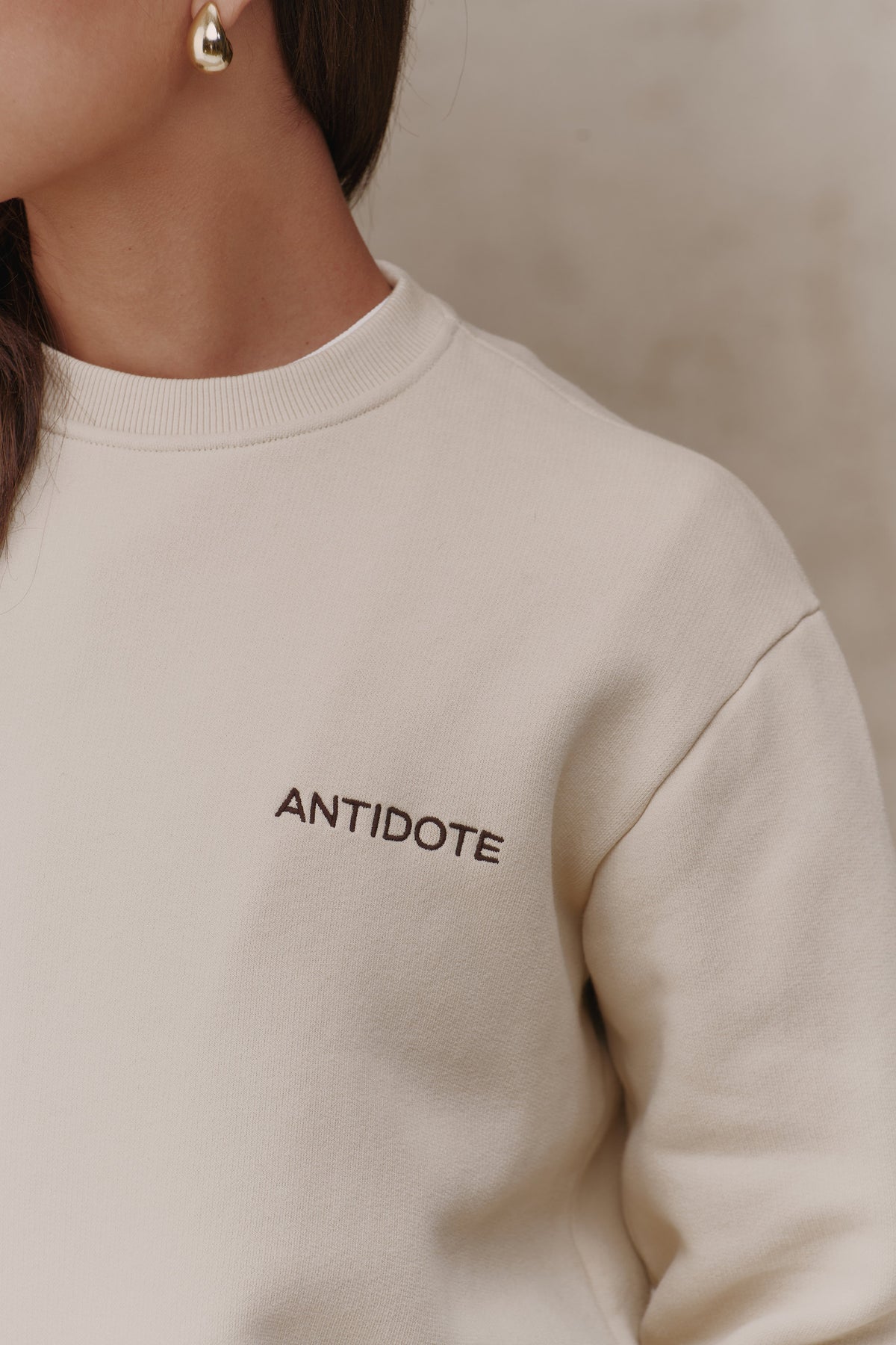Relaxed shoulders and chest embroidery on the Revive Sweatshirt